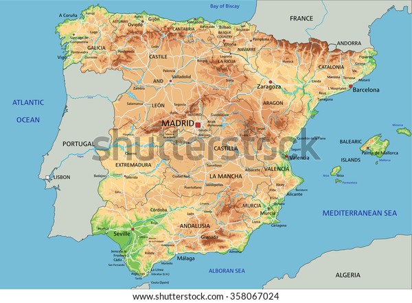 High Detailed Spain Physical Map Labeling Stock Vector Royalty