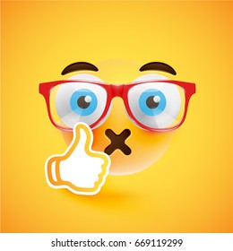 High detailed speechless yellow smiley with sunglasses on yellow background