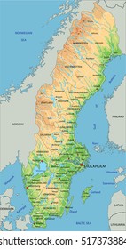 High detailed Sweden physical map with labeling.