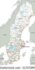 High detailed Sweden road map with labeling.
