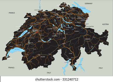 High detailed Switzerland road map with labeling.