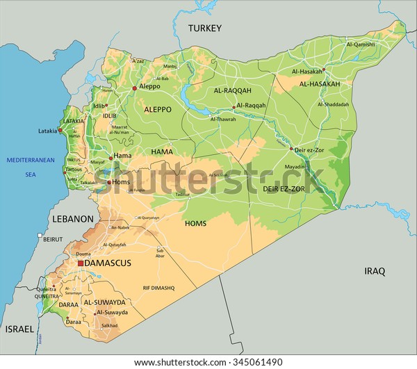 High Detailed Syria Physical Map Labelling Stock Vector (Royalty Free ...