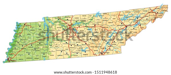 High Detailed Tennessee Physical Map Labeling Stock Vector (Royalty ...