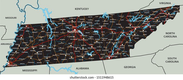 High Detailed Tennessee Road Map Labeling Stock Vector (Royalty Free ...