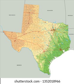 High detailed Texas physical map with labeling.