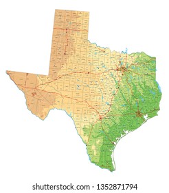 High detailed Texas physical map with labeling.