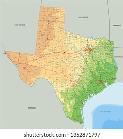 High detailed Texas physical map with labeling.