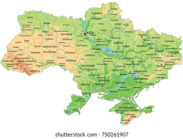 High detailed Ukraine physical map with labeling.