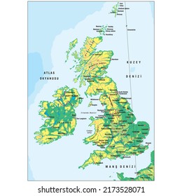 Mapa físico detallado del Reino Unido con etiquetado.