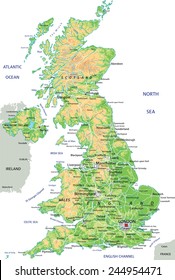 High detailed United Kingdom physical map with labeling.