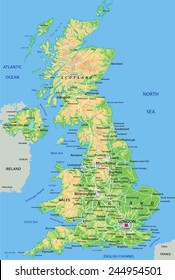 High detailed United Kingdom physical map with labeling.