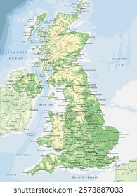 High detailed United Kingdom physical map with labeling.