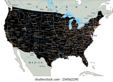 High detailed United States of America road map with labeling.