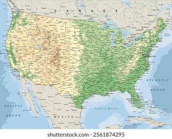 High detailed United States of America physical map. Editable with clearly labeled, separated layers. Vector illustration.