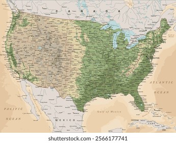 High detailed United States of America physical map. Editable with clearly labeled, separated layers. Vector illustration.