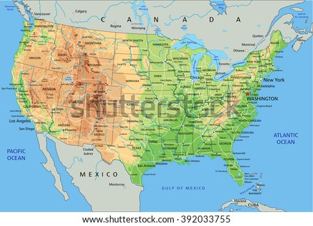 High detailed United States of America physical map with labeling.