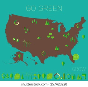 High detailed United States map with set of info graphics ecology (eco) elements and icons, flat trendy vector illustration