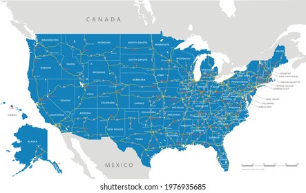 High detailed USA interstate road map vector template