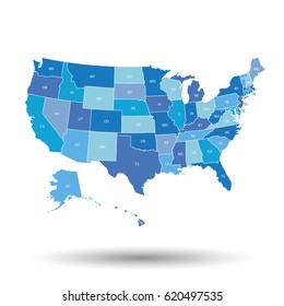 Mapa detallado de Estados Unidos con estados federales. Ilustración vectorial Estados Unidos de América en color azul.