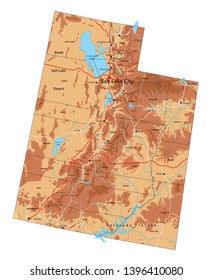 High detailed Utah physical map with labeling.