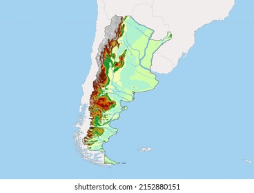High detailed vector Argentina physical map, topographic map of Argentina on white with rivers, lakes and neighbouring countries. Vector map suitable for large prints and editing.
