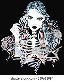 High Detailed Vector Art - Blue Haired Creepy Mermaid With  the Skeleton Torso 