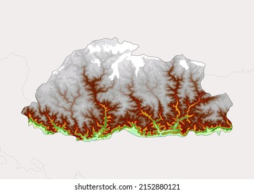 High detailed vector Bhutan physical map, topographic map of Bhutan on white with rivers, lakes and neighbouring countries. Vector map suitable for large prints and editing.