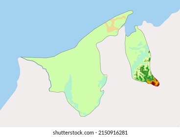 High detailed vector Brunei physical map, topographic map of Brunei on white with rivers, lakes and neighbouring countries. Vector map suitable for large prints and editing.