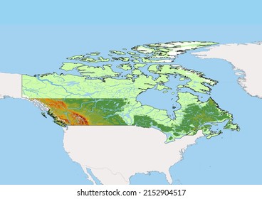 High detailed vector Canada physical map, topographic map of Canada on white with rivers, lakes and neighbouring countries. Vector map suitable for large prints and editing.