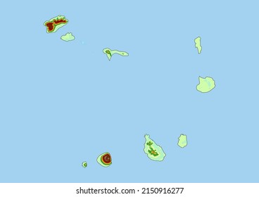 High detailed vector Cape Verde physical map, topographic map of Cape Verde on white with rivers, lakes and neighbouring countries. Vector map suitable for large prints and editing.