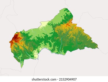 Mapa físico detallado del vector más alto de la República Centroafricana, mapa topográfico de la República Centroafricana sobre blanco con ríos, lagos y países vecinos. 