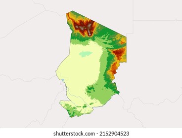 High detailed vector Chad physical map, topographic map of Chad on white with rivers, lakes and neighbouring countries. Vector map suitable for large prints and editing.