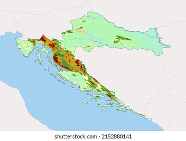 High detailed vector Croatia physical map, topographic map of Croatia on white with rivers, lakes and neighbouring countries. Vector map suitable for large prints and editing.