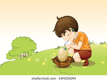 High Detailed Vector Cute Adorable Boy in Plain Shirt and Pant looking at Chicken Hen Egg with stethoscope in the Middle of Green Grass Field in a Farm Village