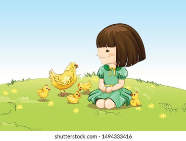 High Detailed Vector Cute Adorable girl  in beautiful dress looking at Chicken Hen sitting with Wide smile in the Middle of Green Grass Field in a Farm Village
