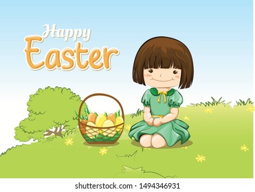 High Detailed Vector Cute Adorable girl in dress sitting with basket full of egg in Easter season celebrating christian event smiling in the Middle of Green Grass Field in a Farm Village
