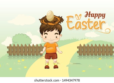 High Detailed Vector Cute Adorable Boy in Plain Shirt and Pant standing with nest of egg in Easter season celebrating christian event smiling in the Middle of Green Grass Field in a Farm 