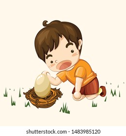
High Detailed Vector Cute Happy Adorable Boy in Plain Shirt and Pant looking at Chicken Egg with Wide Open Mouth in the Middle of Green Grass Field in a Farm Village
