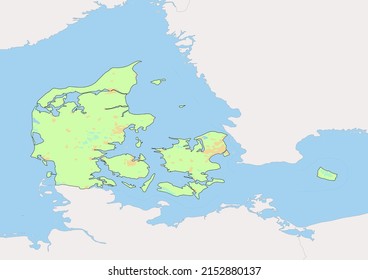 High detailed vector Denmark physical map, topographic map of Denmark on white with rivers, lakes and neighbouring countries. Vector map suitable for large prints and editing.