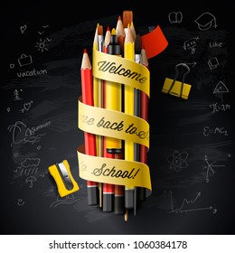 High detailed vector design template for Back to school. Black chalkboard, pencils, pen, and Welcome Back to School text, vector illustration.