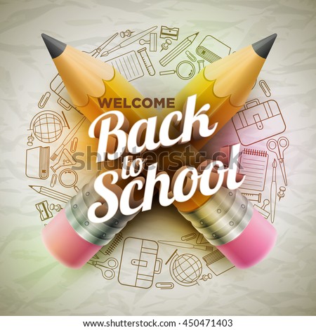 High detailed vector design template for Back to school. Wrinkled paper, school supplies icons red sharp wooden pencil and 3d Welcome Back to School text.