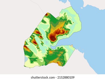 High detailed vector Djibouti physical map, topographic map of Djibouti on white with rivers, lakes and neighbouring countries. Vector map suitable for large prints and editing.