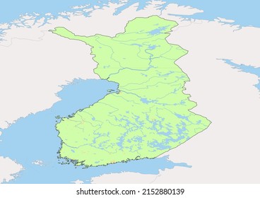 High detailed vector Finland physical map, topographic map of Finland on white with rivers, lakes and neighbouring countries. Vector map suitable for large prints and editing.