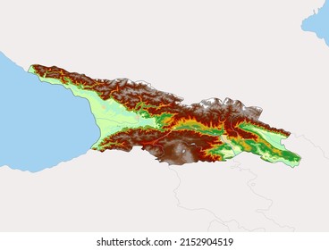 High detailed vector Georgia physical map, topographic map of Georgia on white with rivers, lakes and neighbouring countries. Vector map suitable for large prints and editing.