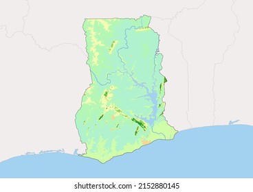 High detailed vector Ghana physical map, topographic map of Ghana on white with rivers, lakes and neighbouring countries. Vector map suitable for large prints and editing.