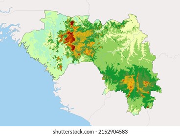 High detailed vector Guinea physical map, topographic map of Guinea on white with rivers, lakes and neighbouring countries. Vector map suitable for large prints and editing.
