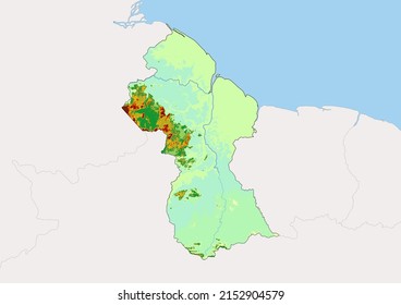 High detailed vector Guyana physical map, topographic map of Guyana on white with rivers, lakes and neighbouring countries. Vector map suitable for large prints and editing.