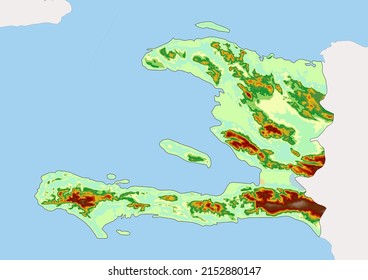 High detailed vector Haiti physical map, topographic map of Haiti on white with rivers, lakes and neighbouring countries. Vector map suitable for large prints and editing.