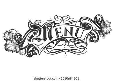 High detailed vector hand drawn banner, label badge in vintage calligraphic style with flourishes menu 