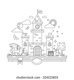 High detailed vector illustration of magic kingdom. Modern thin line design. Wizard, dragon and castle on the pages of the book. Illustration for children education.